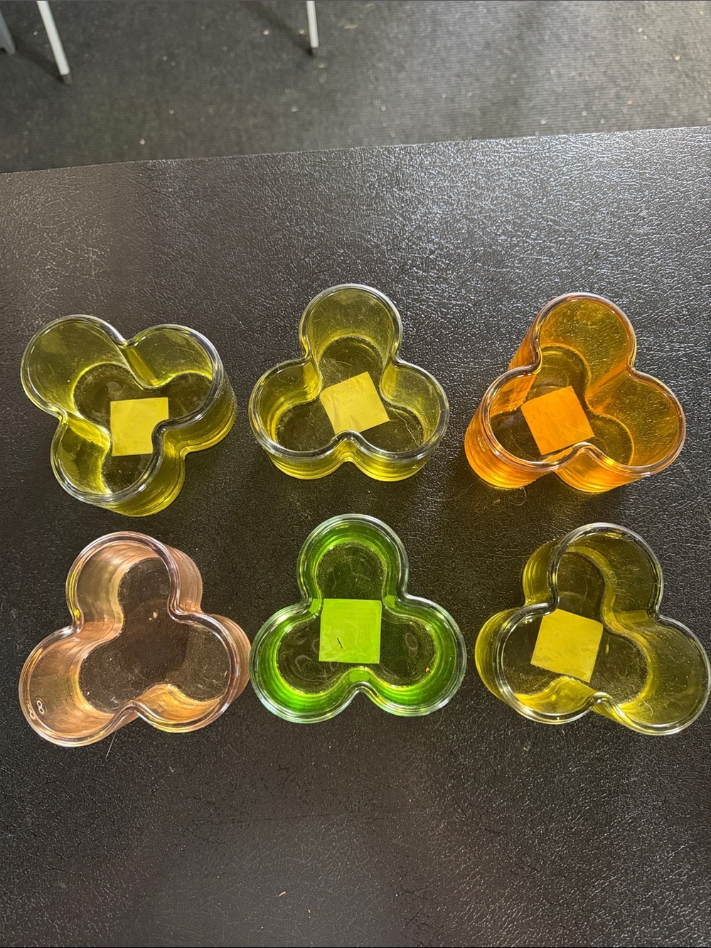 Set of Six Tri-Leaf Glass Dishes in Yellow, Green, Orange, and Pink